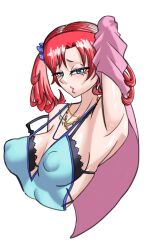 1girl absurdres armpits black_bra blue_camisole blue_eyes bra breasts camisole covered_erect_nipples digimon digimon_story:_cyber_sleuth highres jacket large_breasts laser_(akirawai) long_hair pink_jacket red_hair shiramine_nokia simple_background solo twintails underwear upper_body white_background
