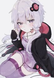 1girl :t black_hoodie blush bracelet cable collarbone criss-cross_halter dress flat_chest grey_background halter_dress halterneck hand_up highres hood hoodie jewelry long_sleeves looking_at_viewer microphone open_clothes open_hoodie pout purple_dress purple_eyes purple_hair purple_thighhighs ribbed_thighhighs short_dress short_hair_with_long_locks sitting solo thighhighs uparupa_04 vocaloid yuzuki_yukari