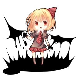 Rule 34 | 1girl, bad id, bad pixiv id, blonde hair, chibi, embodiment of scarlet devil, female focus, hair ribbon, nayuta (scarlet-noize), necktie, plaid clothes, plaid necktie, plaid neckwear, plaid ribbon, plaid skirt, red eyes, red necktie, ribbon, rumia, skirt, solo, touhou