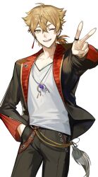 1boy black_pants blonde_hair bokyo collarbone commentary_request cowboy_shot earrings fushimi_gaku fushimi_gaku_(1st_costume) hair_between_eyes hand_in_pocket highres jacket jewelry lapels magatama magatama_necklace male_focus mole mole_under_eye necklace nijisanji notched_lapels one_eye_closed open_clothes open_jacket pants parted_lips ring shirt simple_background smile solo v virtual_youtuber white_background white_shirt yellow_eyes