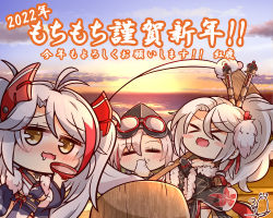 &gt;_&lt; 2022 3girls :d =_= absurdres alcohol antenna_hair azur_lane bare_shoulders benizika black_kimono blush blush_stickers breasts bridal_gauntlets chibi choker cleavage collarbone commentary_request cross cross_choker cup drunk eating food fur-trimmed_kimono fur-trimmed_sleeves fur_trim goggles goggles_on_head hair_between_eyes hair_ornament hair_stick headgear highres holding holding_cup holding_mallet iron_cross japanese_clothes kimono kine large_breasts long_hair long_sleeves looking_at_viewer mallet mochi mochitsuki multicolored_hair multicolored_kimono multiple_girls nengajou new_year obi obijime off_shoulder official_alternate_costume open_mouth orange_eyes parted_bangs prinz_adalbert_(azur_lane) prinz_eugen_(azur_lane) prinz_eugen_(profusion_of_flowers)_(azur_lane) prinz_heinrich_(azur_lane) prinz_heinrich_(fireworks_and_tapestries)_(azur_lane) red_hair sakazuki sake saliva sash sideboob sidelocks signature smile standing streaked_hair sunrise translation_request twintails two_side_up very_long_hair white_hair wide_sleeves xd