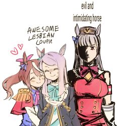 3girls ^_^ animal_ears arm_hug armband ascot black_jacket blue_shirt bow bowtie breasts brown_hair closed_eyes closed_mouth commentary couple dress ear_ribbon english_commentary epaulettes gold_ship_(umamusume) green_eyes grey_hair height_difference highres horse_ears horse_girl jacket large_breasts malan mejiro_mcqueen_(umamusume) multicolored_hair multiple_girls nervous_sweating open_clothes open_jacket partially_shaded_face pillbox_hat pink_ascot pink_ribbon red_armband red_bow red_bowtie red_dress red_eyes ribbon shirt simple_background sleeveless sleeveless_dress smile sweat swept_bangs tokai_teio_(umamusume) umamusume white_background white_hair white_shirt yuri