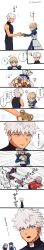 archer_(fate) armor armored_dress artoria_pendragon_(fate) bag black_coat blonde_hair blue_dress blue_hair breastplate breasts character_request coat commentary_request cookie cu_chulainn_(fate) cu_chulainn_(fate/stay_night) dark-skinned_male dark_skin dress fate/grand_order fate_(series) florence_nightingale_(fate) food green_eyes grey_eyes heart_attack highres holding holding_bag juliet_sleeves kogashi17 large_breasts long_image long_sleeves medea_(caster)_(fate) medea_(fate) pointy_ears ponytail puffy_sleeves saber_(fate) shoulder_plates so_moe_i&#039;m_gonna_die! stick_figure stretcher tall_image white_hair