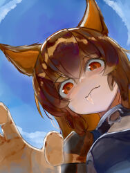 1girl absurdres animal_ears arknights blue_sky brown_hair ceobe_(arknights) chinese_commentary closed_mouth commentary_request day drooling from_below hair_between_eyes highres long_hair orange_eyes outdoors reaching reaching_towards_viewer saliva sky solo upper_body y_feng_l