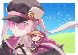 2girls akairo421 bag blue_overalls blush brown_bag chibi closed_eyes closed_mouth commentary_request fate/grand_order fate_(series) floating_hair grass hat highres hood hood_down hoodie long_hair matou_sakura medusa_(fate) medusa_(saber)_(fate) medusa_(saber)_(first_ascension)_(fate) mini_person minigirl multiple_girls newsboy_cap overalls paper_moon_(fate/grand_order) pink-tinted_eyewear pink_hair pink_hoodie purple_hair sakura_(paper_moon) sidelocks sitting_on_shoulder size_difference smile straw_hat sunglasses tinted_eyewear twitter_username