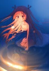 Rule 34 | 1girl, :d, ahoge, ascot, atri, atri-my dear moments-, blush, dress, fireworks, highres, holding, holding fireworks, looking at viewer, night, open mouth, red eyes, sitting, sitting on water, smile, solo, water, ze ping45283