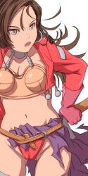 1girl aira_(dq7) aonori_misuji armor bikini_armor black_hair breasts closed_mouth collarbone dragon_quest dragon_quest_vii gloves groin lipstick long_hair looking_at_viewer makeup medium_breasts navel red_gloves simple_background solo thighhighs white_background