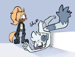 2girls accident ass back bare_back barefoot blonde_hair blush body_fur clumsy colored_skin falling feet furry grey_fur highres idw_publishing lying multiple_girls nude ponytail purple_eyes sega slip smile soles sonic_(series) sonic_the_hedgehog_(idw) strepsirrhine tail tangle_the_lemur toes tomboy whisper_the_wolf white_fur white_hair white_skin wolf yellow_fur yuri