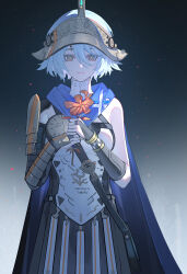 1girl absurdres armor black_bridal_gauntlets blue_cape blue_hair breasts bridal_gauntlets cape closed_mouth cowboy_shot echj flower hair_between_eyes helmet highres holding holding_flower light_smile looking_at_viewer medium_breasts missing_commentary mya_(wuthering_waves) red_flower short_hair shoulder_armor solo tacet_mark_(wuthering_waves) wuthering_waves yellow_eyes