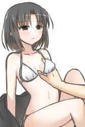 1girl :c bad_id bad_pixiv_id bikini black_hair blush flat_chest grabbing_another&#039;s_breast groping hand_under_clothes hand_under_swimsuit kara_no_kyoukai ohitashi_netsurou ryougi_shiki short_hair simple_background swimsuit white_background white_bikini