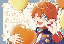 1boy ahoge akehoshi_subaru aqua_eyes balloon blue_jacket ensemble_stars! ezeu2544 half-heart_hands happy_birthday heart high_collar highres holding holding_heart jacket long_sleeves looking_at_viewer male_focus necktie official_alternate_costume one_eye_closed open_clothes open_jacket open_mouth orange_hair red_necktie short_hair smile solo teeth upper_body upper_teeth_only