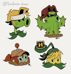 2boys 2girls bandana blonde_hair brown_hair brown_hat cactus_(plants_vs_zombies) commentary english_commentary fio_germi green_bandana hat headband highres kasamoto_eri kernel-pult_(plants_vs_zombies) marco_rossi metal_slug multiple_boys multiple_girls parody peashooter_(plants_vs_zombies) pencilman_draws plants_vs_zombies ponytail potato_mine_(plants_vs_zombies) sunglasses tarma_roving twitter_username white_headband
