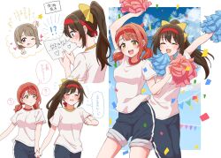 3girls :d ? ^_^ black_pants blue_eyes blue_sky borrowing_race bow breasts brown_hair cheering closed_eyes closed_mouth cloud colored_speech_bubble commentary_request confetti day embarrassed flying_sweatdrops gym_shirt gym_uniform hair_bow headband highres holding_hands long_hair looking_at_viewer love_live! love_live!_nijigasaki_high_school_idol_club low_twintails medium_breasts medium_hair midriff_peek multiple_girls multiple_views nakasu_kasumi open_mouth osaka_shizuku pants pants_rolled_up pink_eyes pom_pom_(cheerleading) ponytail red_headband shirt short_sleeves short_twintails sidelocks sky smile speech_bubble split_mouth spoken_question_mark sports_festival string_of_flags taiyakippassion thought_bubble track_pants translation_request twintails uehara_ayumu yellow_bow yellow_eyes yuri