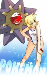1girl breasts competition_swimsuit covered_navel cowboy_shot eyelashes gen_1_pokemon green_eyes hair_between_eyes hand_on_own_hip legs looking_at_another misty_(pokemon) nintendo one-piece_swimsuit open_mouth orange_hair pokemon pokemon_(creature) pokemon_hgss sakuraidai short_hair smile solo standing starmie swimsuit thighs white_one-piece_swimsuit