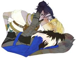 Rule 34 | 2boys, absurdres, alternate universe, armlet, belt, black fur, blue belt, blue cape, blush, brown belt, cape, chest belt, closed eyes, commentary, cropped torso, curtained hair, dancer (fire emblem: three houses), dimitri alexandre blaiddyd, english commentary, felix hugo fraldarius, fire emblem, fire emblem: three houses, fur trim, hair bun, hand on another&#039;s face, highres, jewelry, kiss, lying, male focus, multiple boys, necklace, nintendo, on back, plaemon, pointy ears, profile, robe, rope belt, short hair, short sleeves, single hair bun, white fur, white robe, yaoi