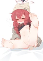 1boy 1girl absurdres anal anus beanie black_bra blue_archive blush bottomless bra bra_lift braid chinese_commentary cleft_of_venus closed_eyes clothes_lift disembodied_penis full_body glyphsss grey_jacket halo hat hetero highres jacket large_variant_set leg_up loli long_hair long_sleeves maki_(blue_archive) maki_(camp)_(blue_archive) navel open_mouth penis puff_of_air pussy red_hair red_halo red_sweater sex solo_focus sweat sweater sweater_lift uncensored underwear variant_set