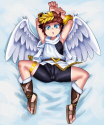 Rule 34 | 1boy, absurdres, angel, angel wings, buldge in pants, highres, kid icarus, lying, male focus, minuspal, nintendo, on back, pit (kid icarus), solo, wings
