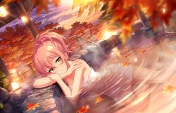 1girl autumn_leaves breasts hand_on_arm hand_on_shoulder head_on_arm idolmaster idolmaster_cinderella_girls idolmaster_cinderella_girls_starlight_stage jougasaki_mika leaf looking_away naked_towel onsen pink_hair sideboob towel wet wet_hair wet_towel yellow_eyes