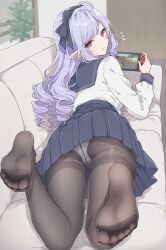 1girl absurdres ascot black_pantyhose blue_skirt couch drill_hair ebidai hairband highres indoors long_hair long_sleeves looking_at_viewer lying miniskirt mole mole_under_eye nintendo_switch no_shoes on_couch on_stomach open_mouth panties panties_under_pantyhose pantyhose playing_games pleated_skirt pointy_ears purple_ascot purple_hair purple_hairband school_uniform serafuku sidelocks skirt smile solo underwear very_long_hair vivian_banshee zenless_zone_zero
