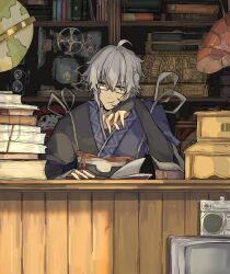 Rule 34 | 1boy, ahoge, black gloves, book, book stack, bookshelf, cash register, elbow gloves, glasses, globe, gloves, grey hair, hand on own cheek, hand on own face, highres, japanese clothes, looking at viewer, morichika rinnosuke, projector, radio, short hair, solo, touhou, upper body, user yews2447, yellow eyes