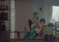 1girl 1other black_thighhighs blush bottomless bra breasts cevio character_request copyright_request couch creature curtains hair_ribbon half-closed_eyes hand_to_own_mouth indoors large_breasts long_hair monster natsuki_karin no_pants on_couch one_breast_out open_bra open_clothes open_shirt panties panties_around_leg plant purple_bra purple_panties red_eyes red_hair ribbon shirt sitting slime_(creature) slime_(substance) spread_legs synthesizer_v table takemura_sessyu thighhighs twintails underwear white_shirt window