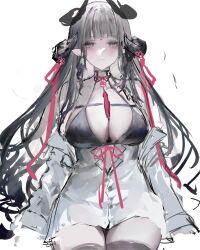 1girl bare_shoulders blunt_bangs breasts cleavage dress grey_eyes highres horns iggy.m jacket large_breasts long_hair off_shoulder original parted_lips pointy_ears ribbon sitting sketch solo thighhighs white_background