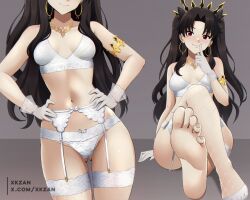 1girl artist_name bare_shoulders barefoot black_hair bra breasts earrings eyes_out_of_frame fate/grand_order fate_(series) feet fishnet_thighhighs fishnets foot_focus foreshortening garter_belt garter_straps gloves gluteal_fold gold hair_ribbon hands_on_own_hips head_out_of_frame hoop_earrings index_finger_raised ishtar_(fate) jewelry lingerie long_hair looking_at_viewer medium_breasts multiple_views navel necklace paid_reward_available panties parted_bangs presenting_foot red_eyes revision ribbon single_thighhigh sitting smile soles thighhighs tiara toes twitter_username two_side_up underwear underwear_only white_bra white_gloves white_panties xkzan