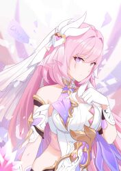1girl absurdres artist_name bare_shoulders breasts chinese_commentary chongg closed_mouth commentary_request diamond-shaped_pupils diamond_(shape) elysia_(herrscher_of_human:_ego)_(honkai_impact) elysia_(honkai_impact) gloves hair_ornament hand_up highres honkai_(series) honkai_impact_3rd large_breasts leotard long_hair looking_at_viewer o-ring o-ring_top pink_hair purple_eyes smile solo symbol-shaped_pupils triquetra upper_body veil very_long_hair white_gloves white_leotard white_veil