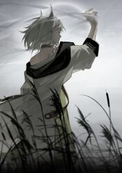 Rule 34 | 1girl, absurdres, animal ears, arknights, arm up, coat, green eyes, grey coat, grey hair, grey sky, half-closed eye, highres, kal&#039;tsit (arknights), material growth, off shoulder, oripathy lesion (arknights), outdoors, parted lips, plant, profile, short hair, sky, solo, somnolence (hranxy), standing, strap, three-quarter sleeves, wind
