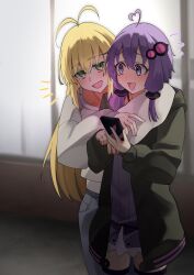 2girls absurdres ahoge antenna_hair arms_around_neck blonde_hair blue_eyes blush cellphone denim flying_sweatdrops green_eyes gukr4322 heart heart_ahoge highres hood hoodie hug hug_from_behind indoors jeans long_hair multiple_girls pants phone purple_eyes purple_hair short_hair_with_long_locks smartphone sweat thighhighs tsurumaki_maki voiceroid yuri yuzuki_yukari zettai_ryouiki