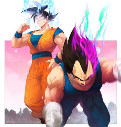 Rule 34 | 2boys, :o, all fours, artist name, bare shoulders, biceps, black eyes, black hair, blue bodysuit, blue sash, blue shirt, bodysuit, clenched hands, closed eyes, collarbone, dougi, dragon ball, dragon ball super, energy, hand up, looking at another, male focus, motion blur, motion lines, multiple boys, muscular, muscular male, ommmyoh, open mouth, orange pants, pants, pectorals, pink sky, purple hair, sash, shirt, short sleeves, signature, sky, sleeveless, sleeveless bodysuit, son goku, spiked hair, standing, sweatdrop, teeth, tree, twitter username, ultra ego (dragon ball), ultra instinct, v-shaped eyebrows, vegeta, veins, white background, wristband