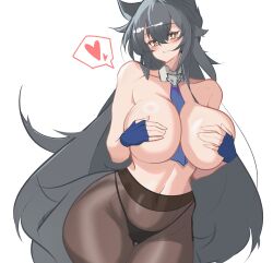 Rule 34 | 1girl, animal ears, arknights, between breasts, black panties, blue gloves, blue necktie, blush, breasts, brown eyes, brown pantyhose, collarbone, covered navel, covering breasts, covering nipples, covering privates, detached collar, fingerless gloves, gloves, grey hair, grey tail, hair between eyes, heart, highres, large breasts, long hair, looking at viewer, navel, necktie, necktie between breasts, only pantyhose, panties, panties under pantyhose, pantyhose, simple background, solo, spoken heart, tail, texas (arknights), texas the omertosa (arknights), underwear, very long hair, white background, wolf ears, wolf girl, wolf tail, yosua 0669