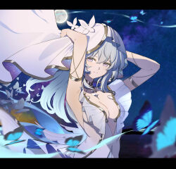 1girl absurdres adjusting_clothes adjusting_headwear armpits arms_up bare_arms bare_shoulders blue_butterfly blue_hair blurry blurry_foreground body_markings breasts bug butterfly cleavage dress full_moon highres insect letterboxed long_hair looking_at_viewer low-cut medium_breasts mocha_wei_jiemo moon night night_sky purple_eyes sky sleeveless sleeveless_dress smile solo tacet_mark_(wuthering_waves) shorekeeper_(wuthering_waves) upper_body veil white_dress white_veil wuthering_waves