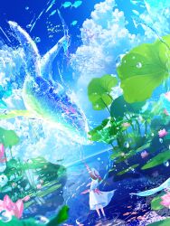 1girl absurdres back_bow blue_sky bow cloud cloudy_sky commentary_request day dress fish flower from_behind hat highres jack_(fish) lake lily_pad looking_up lotus lotus_leaf makoron117117 original outdoors pink_bow pink_flower reflection reflective_water scenery sky solo sun_hat sundress wading water_drop white_dress wide_shot wind