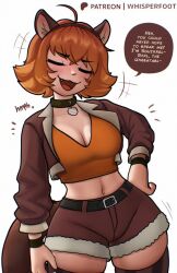 Rule 34 | !, 1girl, ahoge, animal ears, armband, artist name, black armband, black collar, black thighhighs, breasts, brown hair, brown hairband, brown jacket, brown shorts, closed eyes, collar, english text, eyebrows, eyelashes, fang, hair between eyes, hairband, head tilt, heart, highres, jacket, marvel, marvel rivals, medium breasts, open mouth, patreon username, short shorts, shorts, speech bubble, squirrel ears, squirrel girl, squirrel girl (marvel), squirrel girl (marvel rivals), squirrel tail, standing, tail, thighhighs, tongue, whisperfoot