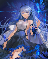Rule 34 | 1girl, absurdres, blue eyes, blue hair, braid, breasts, cracked skin, darkstar hubble (neural cloud), girls&#039; frontline, girls&#039; frontline neural cloud, grey hair, highres, hubble (neural cloud), large breasts, long hair, looking at viewer, rhachen, sideless shirt, solo, watermark, weibo username, weibo watermark