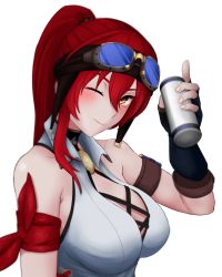 Rule 34 | 1girl, alcohol, bare shoulders, beer, beer can, blush, breasts, brown gloves, can, cleavage, closed mouth, drink can, fingerless gloves, gloves, goggles, goggles on head, highres, holding, holding can, honkai (series), honkai impact 3rd, large breasts, murata himeko, murata himeko (arctic kriegsmesser), murata himeko (frisian cutlass), one eye closed, red hair, shirt, simple background, sleeveless, sleeveless shirt, smile, solo, sphere-stc, white background, white shirt, yellow eyes