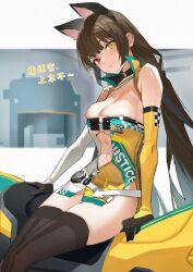 1girl animal_ears asymmetrical_gloves bare_shoulders blush breast_strap breasts brown_hair cat_ears cleavage dress elbow_gloves fiodo girls&#039;_frontline girls&#039;_frontline_2:_exilium gloves heterochromia hip_focus long_hair medium_breasts midriff motor_vehicle motorcycle navel on_motorcycle partially_unzipped red_eyes robella_(future_navigator)_(girls&#039;_frontline_2) sitting skin_tight skindentation sleeveless sleeveless_dress smile solo thighhighs thighs underboob very_long_hair white_gloves yellow_eyes yellow_gloves