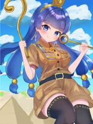 1girl belt black_thighhighs blue_eyes blue_hair blue_sky brown_shirt brown_shorts collared_shirt cowboy_shot earrings facial_mark highres holding holding_scepter jewelry key_earrings long_hair looking_at_viewer low-tied_long_hair michigami_nareko pico_kimuchi pyramid_(structure) scepter shirt short_sleeves shorts sky solo sphere_hair_ornament thighhighs touhou triangle triangle_facial_mark usekh_collar
