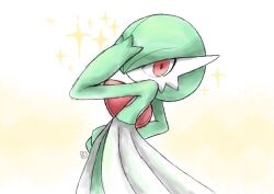 bad_tag bob_cut colored_skin dress gardevoir gen_3_pokemon green_hair green_skin hair_over_one_eye muku_jirushi multicolored_skin nintendo pink_eyes pokemon pokemon_(creature) sparkle two-tone_skin white_dress white_skin