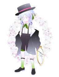 1girl absurdres arms_at_sides black_hat black_jacket black_shoes black_shorts blue_hair blush broken_glass child chinese_commentary closed_mouth collared_shirt colored_eyelashes commentary_request curtained_hair expressionless floral_background flower full_body glass gradient_hair green_hair green_neckerchief green_socks hair_between_eyes hair_flaps hair_ornament hat hat_tip highres holding holding_magnifying_glass jacket jacket_partially_removed kneehighs legs_apart legwear_garter long_hair long_sleeves looking_at_viewer magnifying_glass magnifying_grass multicolored_hair neckerchief no_pupils pale_skin personification plants_vs._zombies plants_vs._zombies_2 puffy_long_sleeves puffy_sleeves shirt shoes shorts siiiiiiiiiii simple_background socks solo sparkle standing streaked_hair suspender_shorts suspenders top_hat two-sided_fabric two-sided_jacket white_background white_eyes white_flower white_hair white_shirt