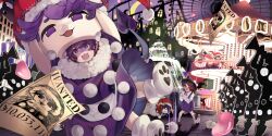 +_+ 2girls :3 amusement_park boots bow brown_eyes brown_hair carousel castle cellphone closed_eyes collared_shirt commentary crescent doreking doremy_sweet dream_soul dream_world_(touhou) english_commentary excited falling fedora ferris_wheel fountain game_cg hat hat_bow highres holding_mascot_head horns ishikawa_sparerib long_hair long_sleeves mascot_costume mascot_head multiple_girls night night_sky nightcap official_art open_mouth phone plaid_clothes plaid_skirt pom_pom_(clothes) purple_eyes purple_hair purple_skirt purple_vest quimbaya_airplane red-framed_eyewear red_hat roller_coaster school_uniform semi-rimless_eyewear sheep sheep_horns shirt silhouette skirt sky smartphone smile smug third-party_source this_man touhou touhou_lostword under-rim_eyewear usami_sumireko vest wanted_poster white_boots white_hat white_shirt yukkuri_shiteitte_ne