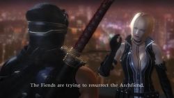 1boy 1girl 3d animated blonde_hair blue_eyes breasts cleavage green_eyes irene_lew large_breasts ninja_gaiden ryu_hayabusa video