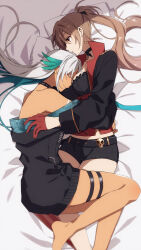 2girls amazuki_jou azur_lane bed_sheet belt black_belt black_choker black_jacket black_shorts body_markings breasts brown_hair choker closed_eyes closed_mouth commentary_request cuddling dark-skinned_female dark_skin earrings gloves hair_spread_out half_gloves highres historical_connection jacket jean_bart_(azur_lane) jewelry large_breasts long_hair long_sleeves lying massachusetts_(azur_lane) micro_shorts multiple_girls native_american off_shoulder on_side pillow ponytail red_eyes red_gloves red_thighhighs shorts skull_belt sleeping striped_clothes striped_thighhighs thigh_strap thighhighs vertical-striped_clothes vertical-striped_thighhighs very_long_hair yuri