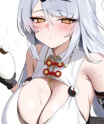1girl asymmetrical_gloves bare_shoulders bby black_gloves blush breasts cleavage collar commentary cropped eating elbow_gloves food gloves grey_hair highres huge_breasts long_hair looking_at_viewer mole mole_on_breast no_jacket orange_eyes simple_background single_elbow_glove solo steamed_bun sweat uneven_gloves white_background white_collar yixuan_(zenless_zone_zero) zenless_zone_zero