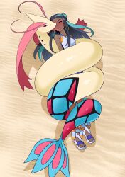 absurdres beach bestiality black_hair blue_hair blush closed_eyes coiled colored_sclera commission commissioner_upload dark-skinned_female dark_skin dawm earrings french_kiss gen_3_pokemon hair_bun highres hoop_earrings jewelry kiss long_hair milotic multicolored_hair necklace nessa_(pokemon) nintendo pixiv_commission pokemon pokemon_swsh pokephilia red_eyes red_sclera restrained sandals sweat swimsuit two-tone_hair wrapped_up