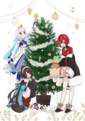 3girls 3znk :&lt; :d absurdres ange_katrina ange_katrina_(1st_costume) animal animal_ears animal_hair_ornament animal_on_head ankle_boots apron aqua_bow armband back_bow banken_(inui_toko) bare_legs bird bird_on_head black_boots black_coat black_kimono black_sash blue_armband blue_eyes blue_hair blue_neckerchief blue_thighhighs blunt_bangs blush boots bow box brown_hair brown_tail buttons cardigan christmas christmas_ornaments christmas_tree closed_mouth coat colored_inner_hair commentary crossed_bangs decorating_christmas_tree dog_ears dog_girl dog_tail double-breasted dress fang flower frilled_apron frilled_skirt frills full_body grey_skirt hair_between_eyes hair_flower hair_intakes hair_ornament heterochromia high-waist_skirt highres holding holding_box in_box in_container inui_toko inui_toko_(1st_costume) japanese_clothes kimono knee_boots layered_skirt leg_up lize_helesta lize_helesta_(1st_costume) long_hair long_skirt long_sleeves looking_at_object looking_at_viewer looking_back looking_up low_twintails maid_headdress mandragora mandragora_(ange_katrina) miniskirt multicolored_hair multiple_girls neckerchief nijisanji obi obiage obijime off_shoulder on_head open_mouth over-kneehighs pleated_skirt purple_eyes reaching red_cardigan red_eyes red_hair red_ribbon red_skirt ribbon sanbaka_(nijisanji) sash sebastian_piyodore shirt short_dress short_hair shrug_(clothing) sidelocks skirt smile sparkle squatting standing standing_on_one_leg star_(symbol) streaked_hair tail tail_under_clothes thigh_strap thighhighs triangle_hair_ornament twintails two-tone_hair very_long_hair virtual_youtuber waist_apron white_apron white_boots white_dress white_hair white_headdress white_shirt white_shrug white_skirt yellow_bird yellow_eyes