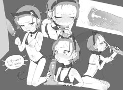 1boy 1girl animal_ears bikini cat_ears cum cum_in_mouth cum_on_body ear_piercing erika_(kusa_mori) facial fake_animal_ears fellatio flat_chest grey_background greyscale highres kusamori licking licking_penis monochrome navel oral original paw_pose penis petite piercing short_hair simple_background swimsuit