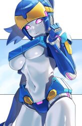 1girl armor blue_armor blue_hair blue_panties breasts cowboy_shot hakidashi_11 large_breasts navel panties phantasy_star phantasy_star_online_2 purple_eyes robot_girl solo underboob underwear
