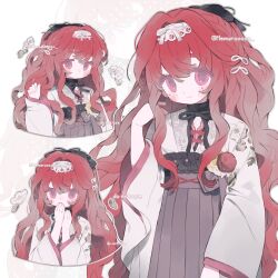 1girl blush bow hair_between_eyes hair_ornament hakama highres japanese_clothes kimono long_hair long_sleeves looking_at_viewer memuro multiple_views original red_hair ribbon smile twitter_username upper_body wide_sleeves